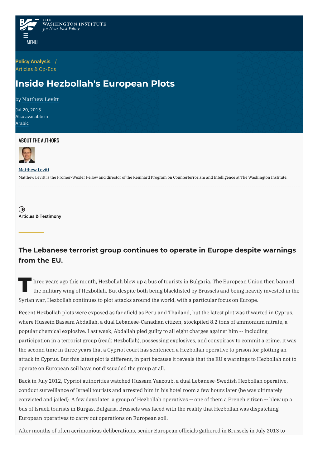 Inside Hezbollah's European Plots | the Washington Institute