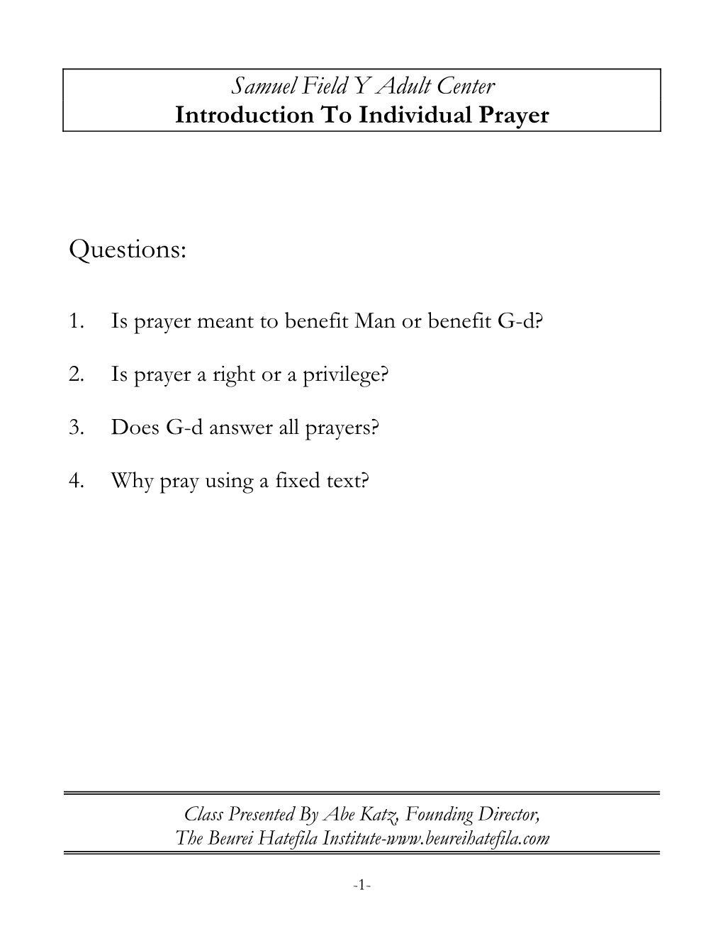 Handout for Individual Prayer