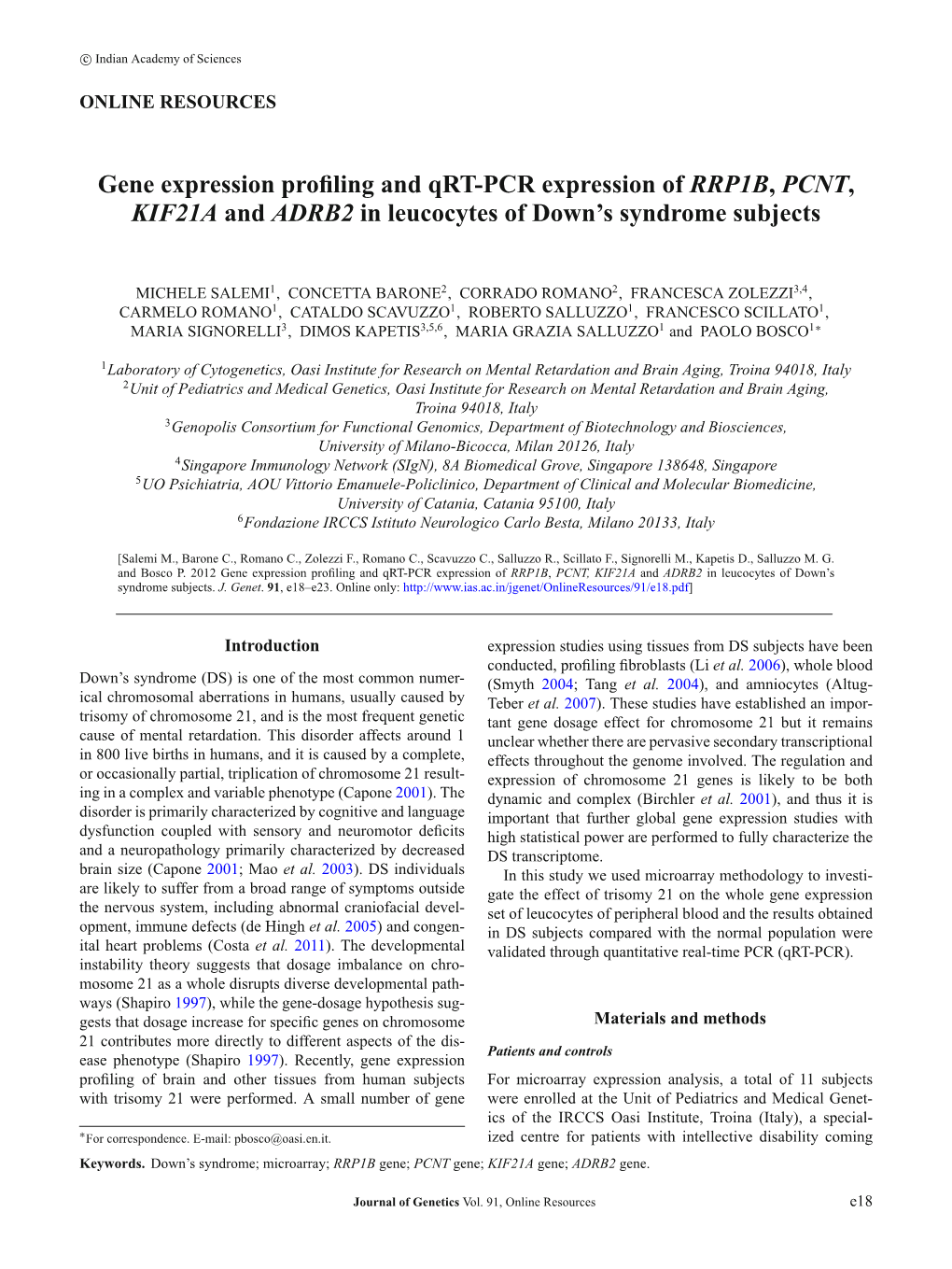 Gene Expression Profiling and Qrt-PCR Expression of RRP1B, PCNT, KIF21A and ADRB2 in Leucocytes of Down's Syndrome Subjects