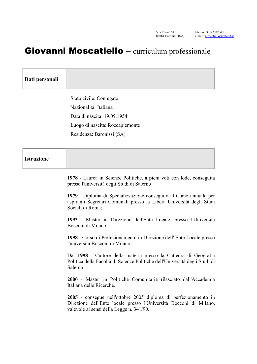 Giovanni Moscatiello – Curriculum Professionale