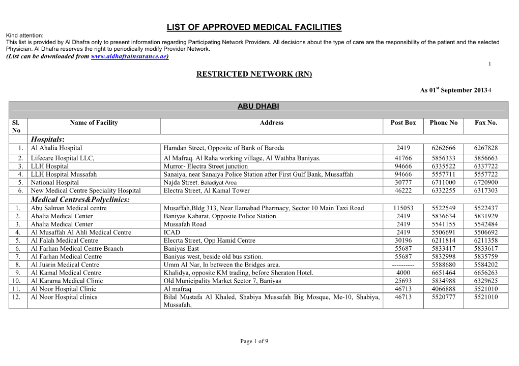 LIST of APPROVED MEDICAL FACILITIES Kind Attention: This List Is Provided by Al Dhafra Only to Present Information Regarding Participating Network Providers