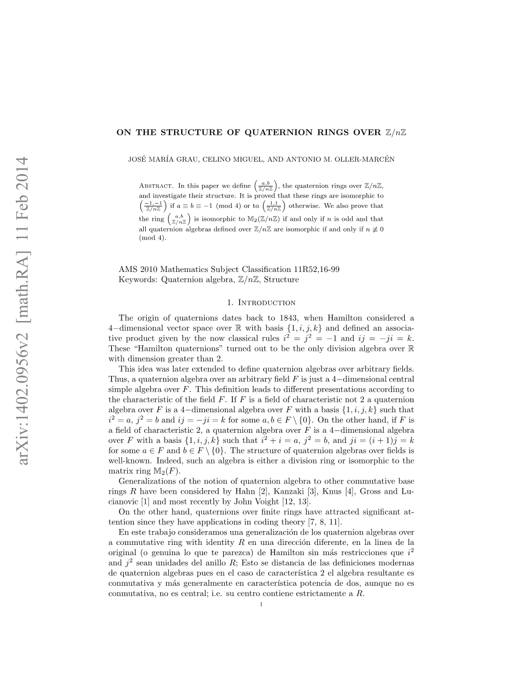 Arxiv:1402.0956V2 [Math.RA] 11 Feb 2014 O Some for Elkon Ned Uha Ler Sete Iiinrn Risomorp Or Ring Division a Either Is Ring Algebra Matrix an Such Indeed, Well-Known