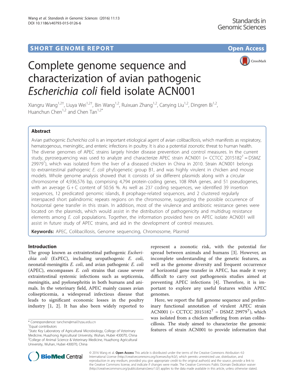 Complete Genome Sequence and Characterization of Avian