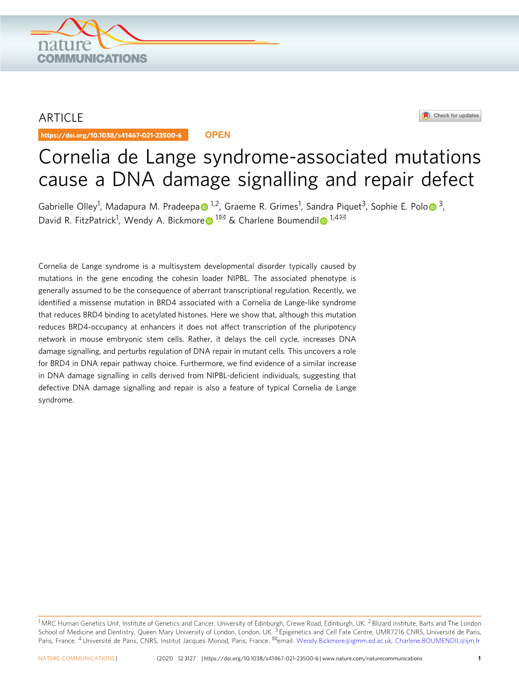 Cornelia De Lange Syndrome-Associated Mutations Cause a DNA Damage Signalling and Repair Defect