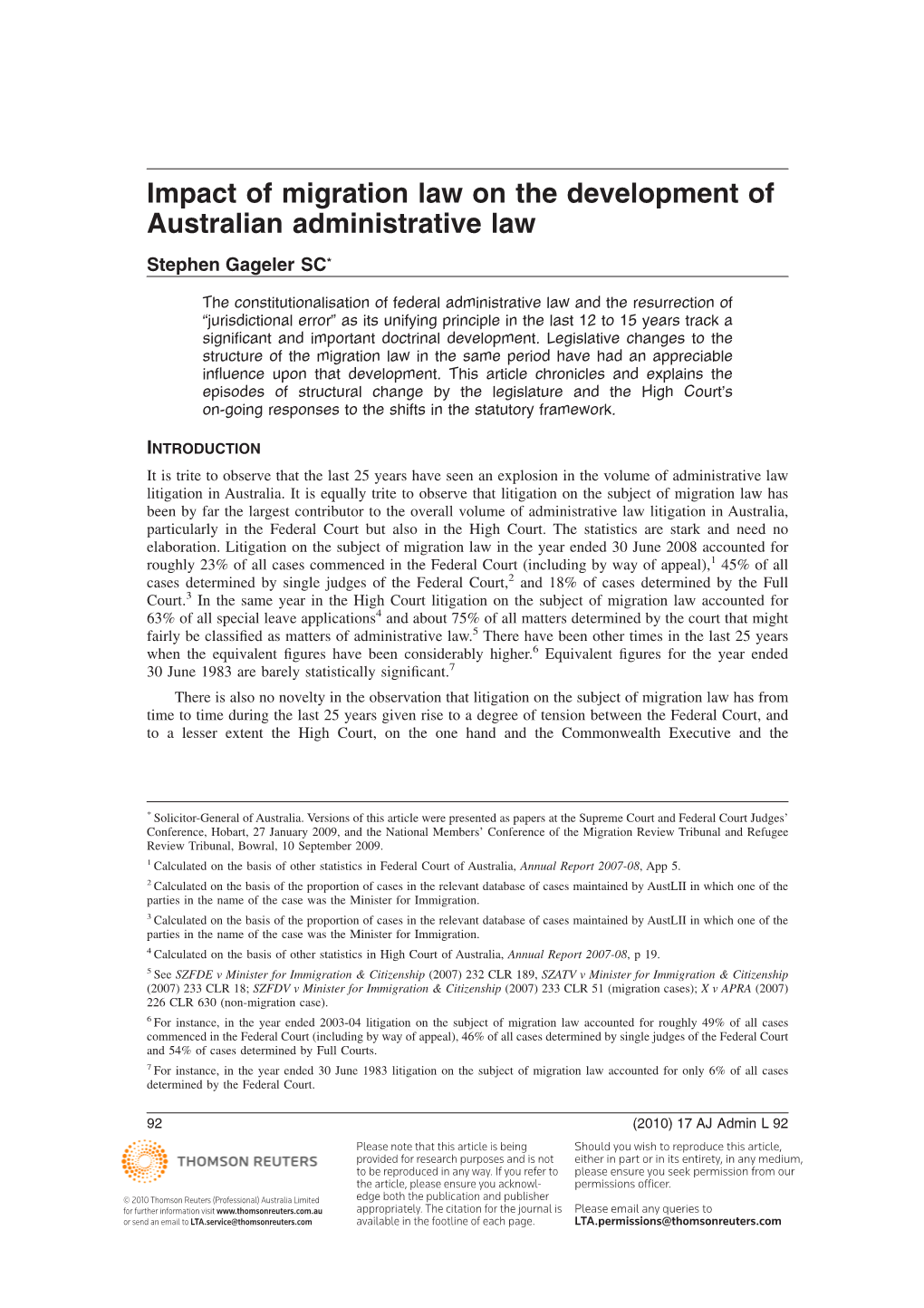 Impact of Migration Law on the Development of Australian Administrative Law