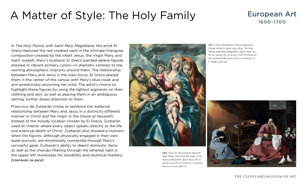 The Holy Family European Art 1600–1700