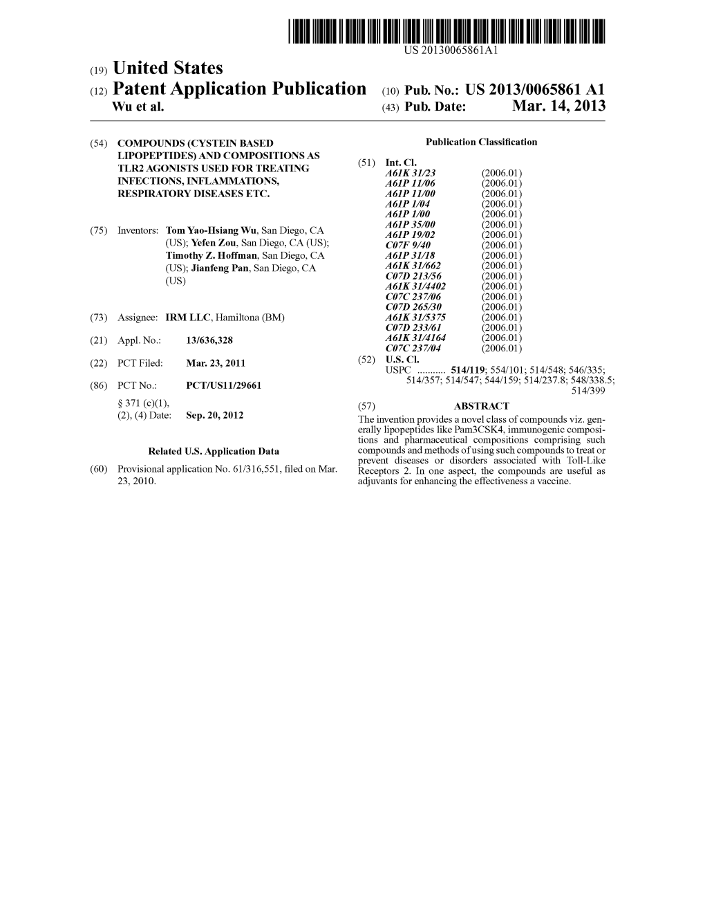 (12) Patent Application Publication (10) Pub. No.: US 2013/0065861 A1 Wu Et Al