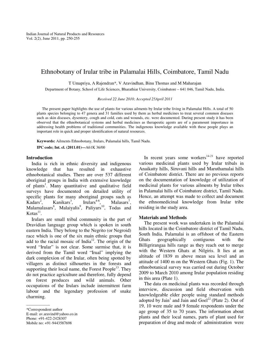 Ethnobotany of Irular Tribe in Palamalai Hills, Coimbatore, Tamil Nadu