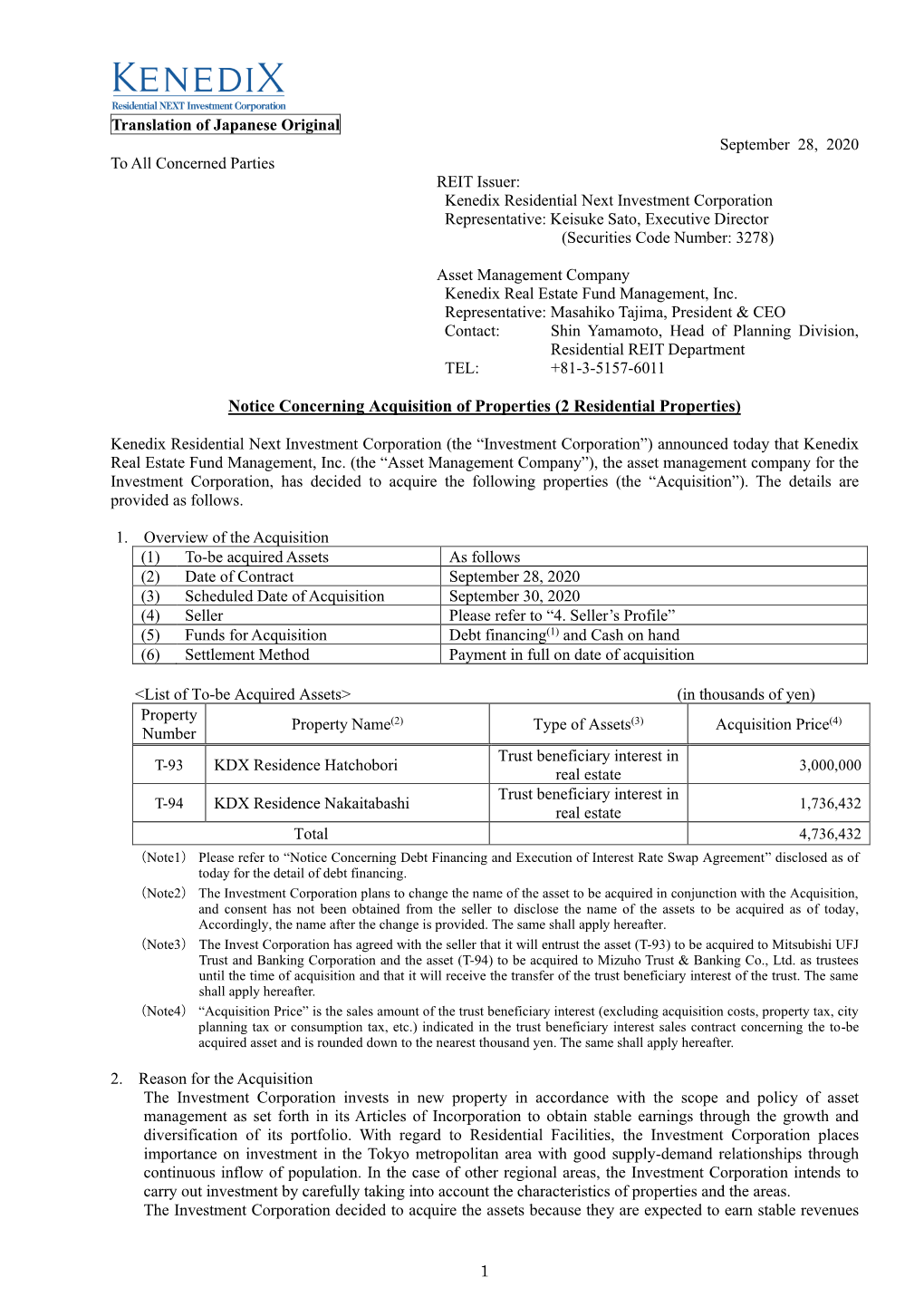 Notice Concerning Acquisition of Properties (2 Residential Properties)