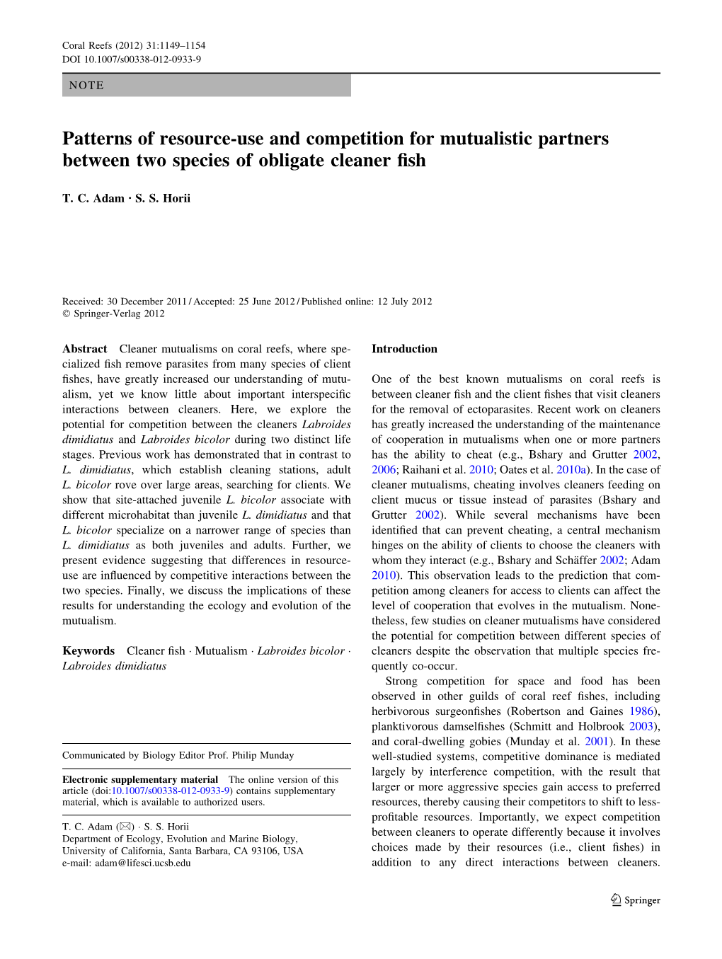Patterns of Resource-Use and Competition for Mutualistic Partners Between Two Species of Obligate Cleaner ﬁsh