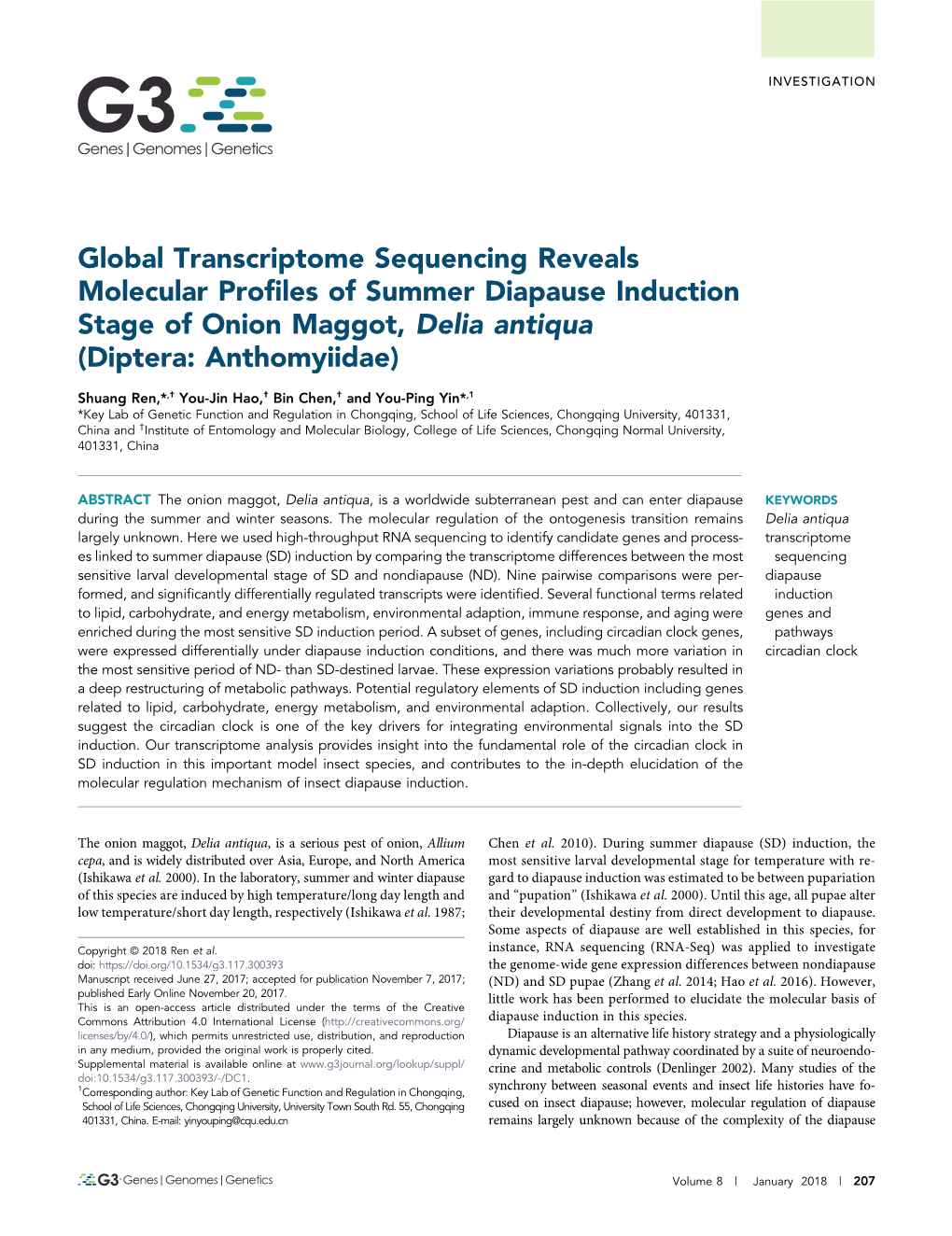 Global Transcriptome Sequencing Reveals Molecular Profiles of Summer Diapause Induction Stage of Onion Maggot, Delia Antiqua