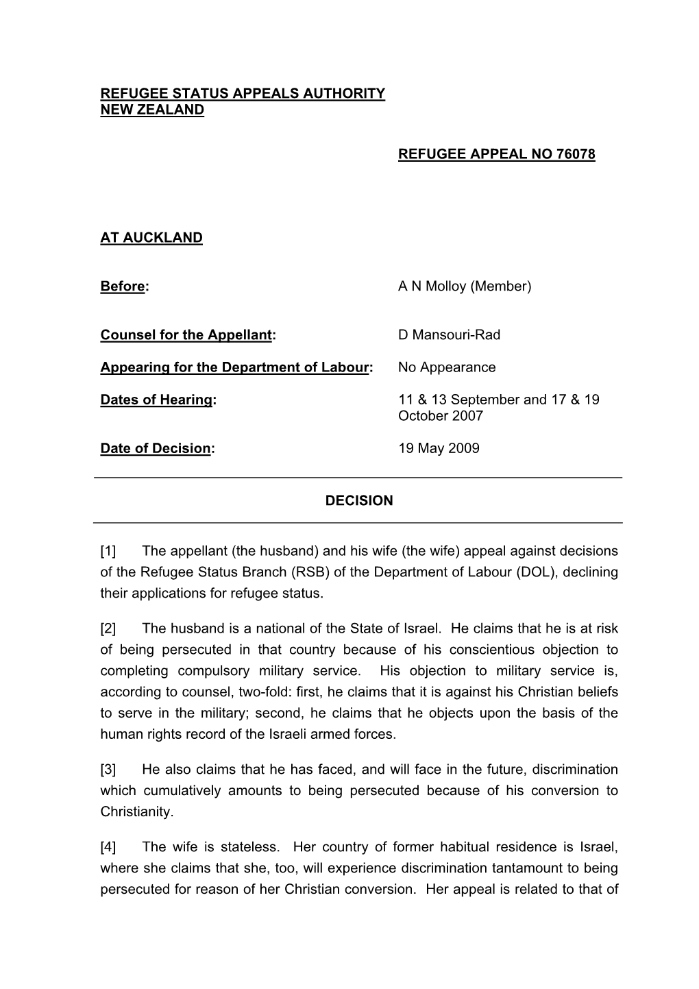 Refugee Status Appeals Authority New Zealand