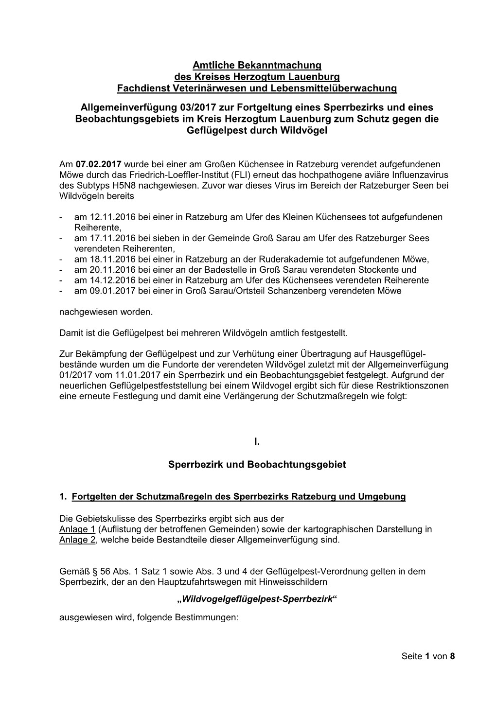 Amtliche Bekanntmachung Des Kreises Herzogtum Lauenburg Fachdienst Veterinärwesen Und Lebensmittelüberwachung Allgemeinverfüg
