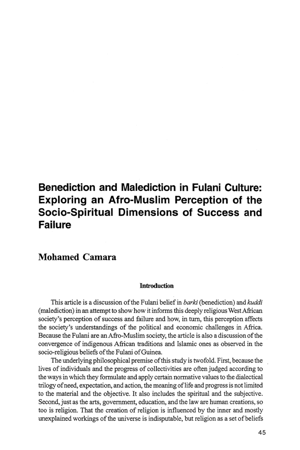 Benediction and Malediction in Fulani Culture: Exploring an Afro-Muslim Perception of the Socio-Spiritual Dimensions of Success and Failure