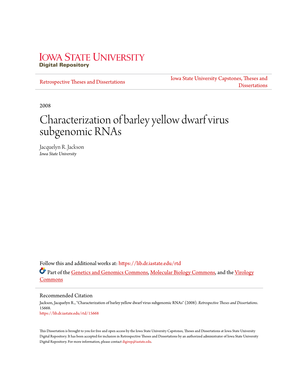 Characterization of Barley Yellow Dwarf Virus Subgenomic Rnas Jacquelyn R