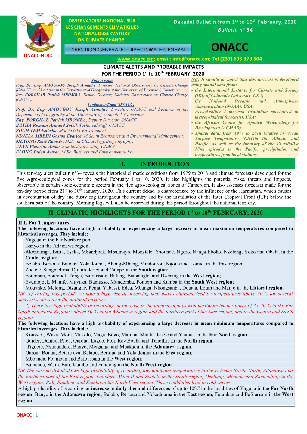 II. CLIMATIC HIGHLIGHTS for the PERIOD 1St to 10Th FEBRUARY, 2020