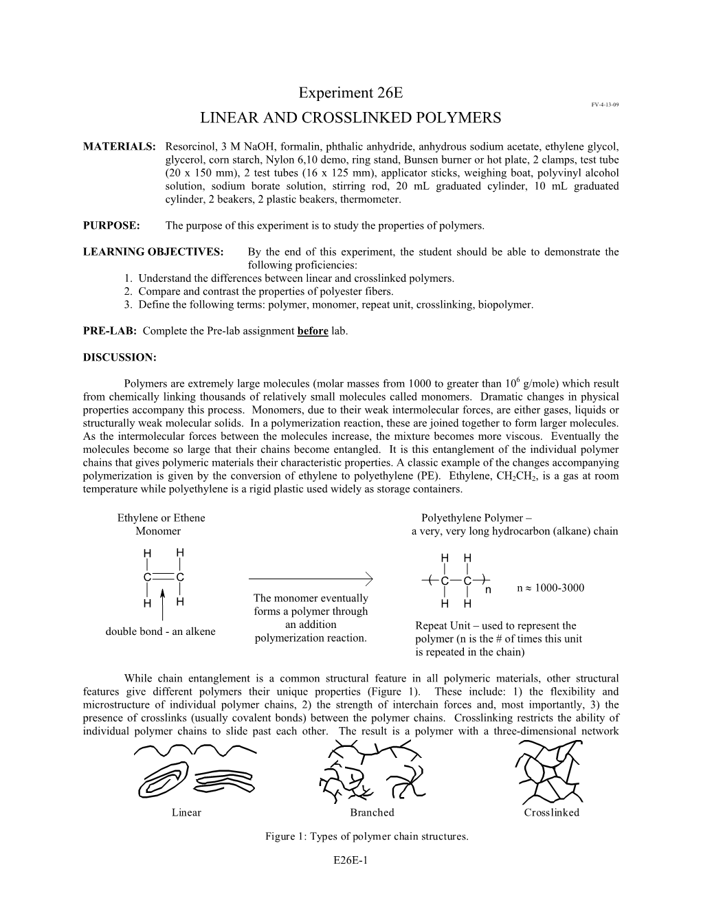 Experiment 26E LINEAR and CROSSLINKED POLYMERS