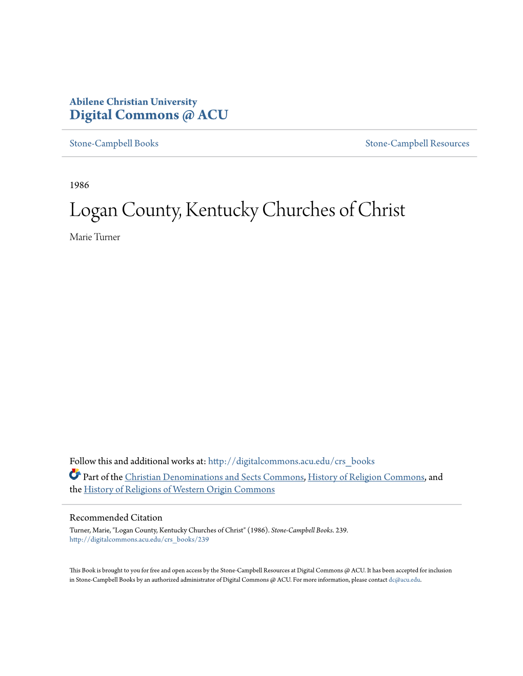 Logan County, Kentucky Churches of Christ Marie Turner