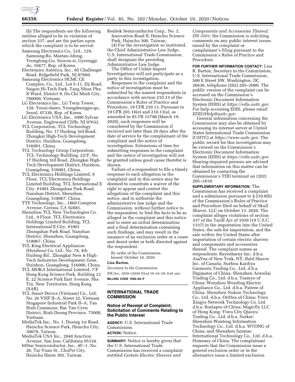 Federal Register/Vol. 85, No. 202/Monday, October 19, 2020/Notices