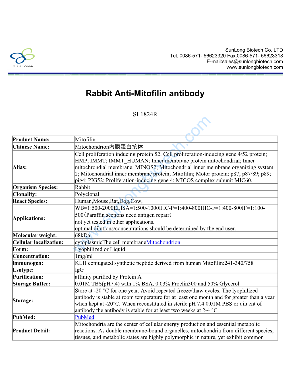 Rabbit Anti-Mitofilin Antibody-SL1824R