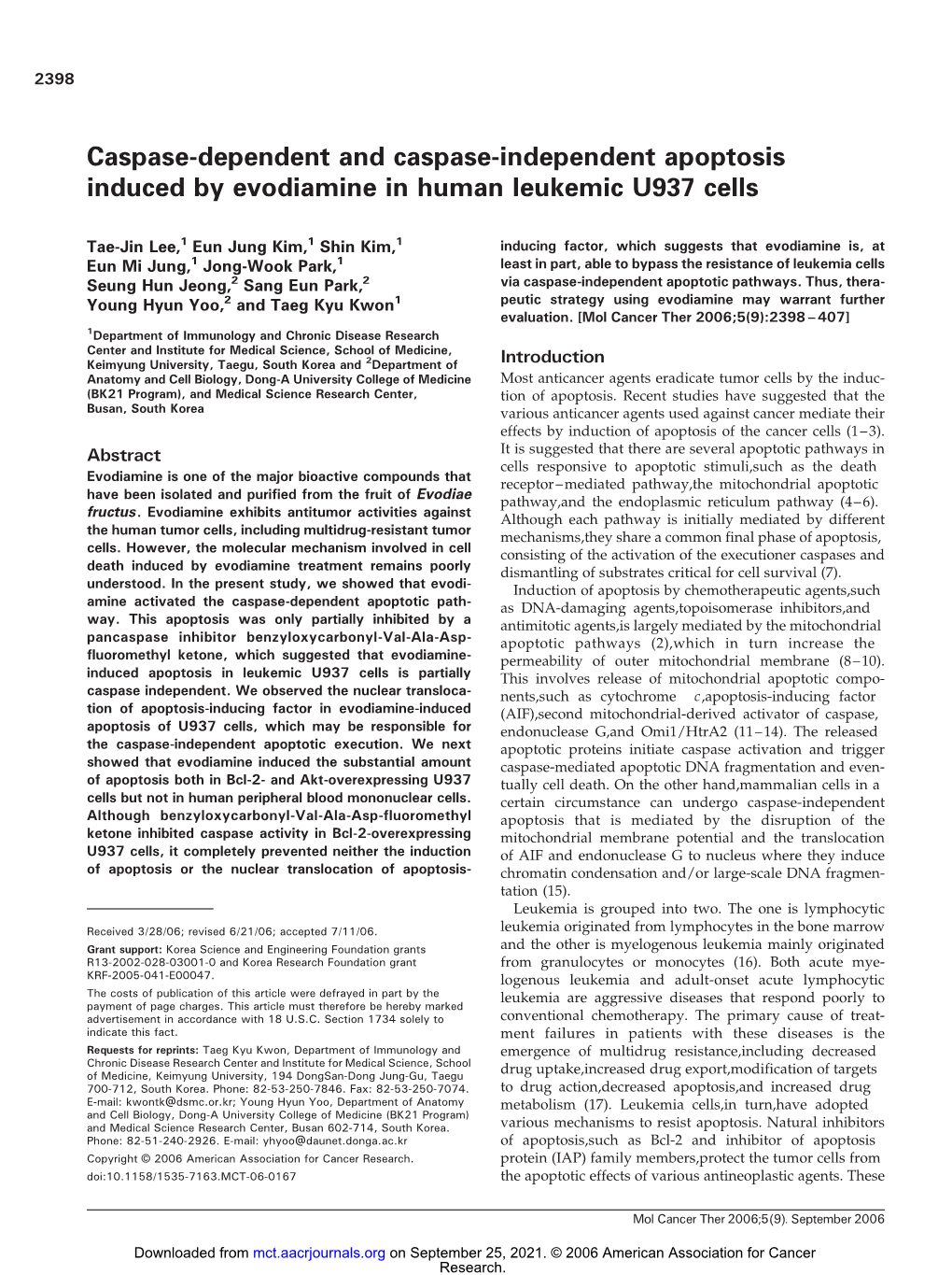 Caspase-Dependent and Caspase-Independent Apoptosis Induced by Evodiamine in Human Leukemic U937 Cells