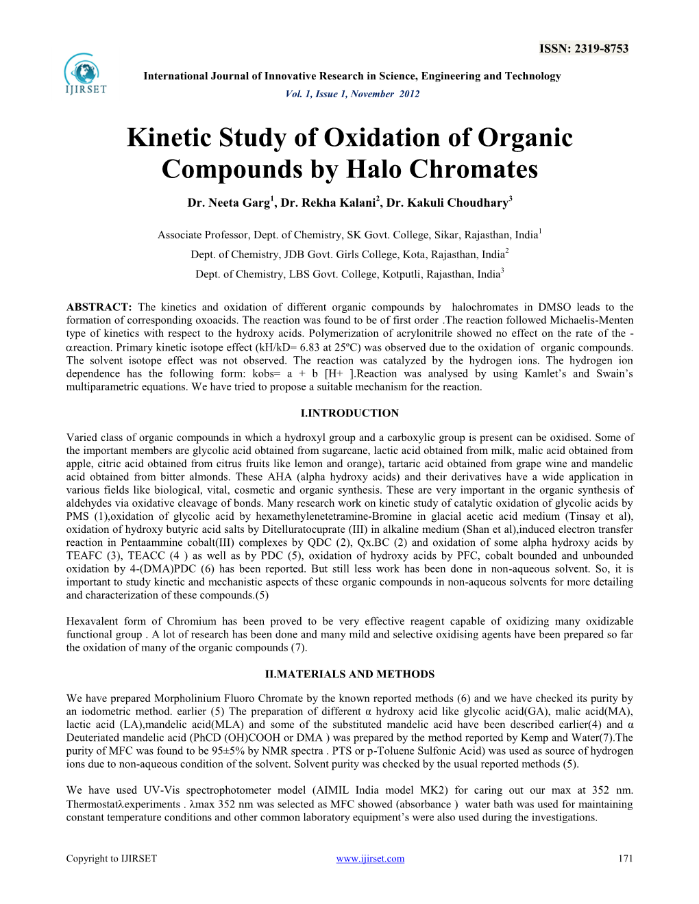 Kinetic Study of Oxidation of Organic Compounds by Halo Chromates