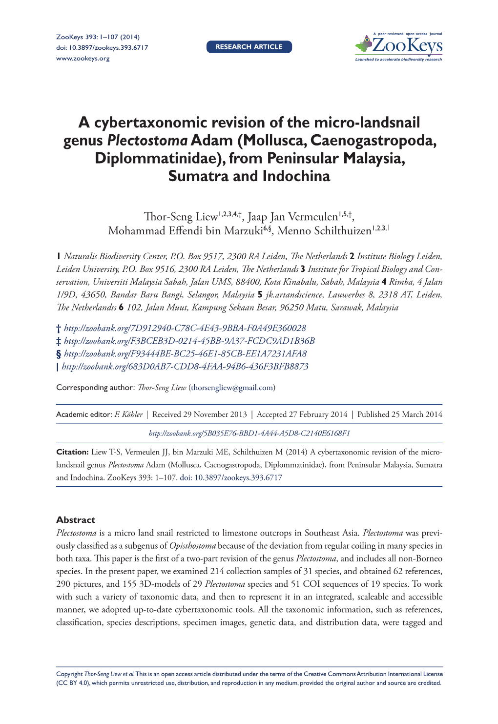 A Cybertaxonomic Revision of the Micro-Landsnail Genus Plectostoma Adam (Mollusca, Caenogastropoda, Diplommatinidae), from Peninsular Malaysia, Sumatra and Indochina