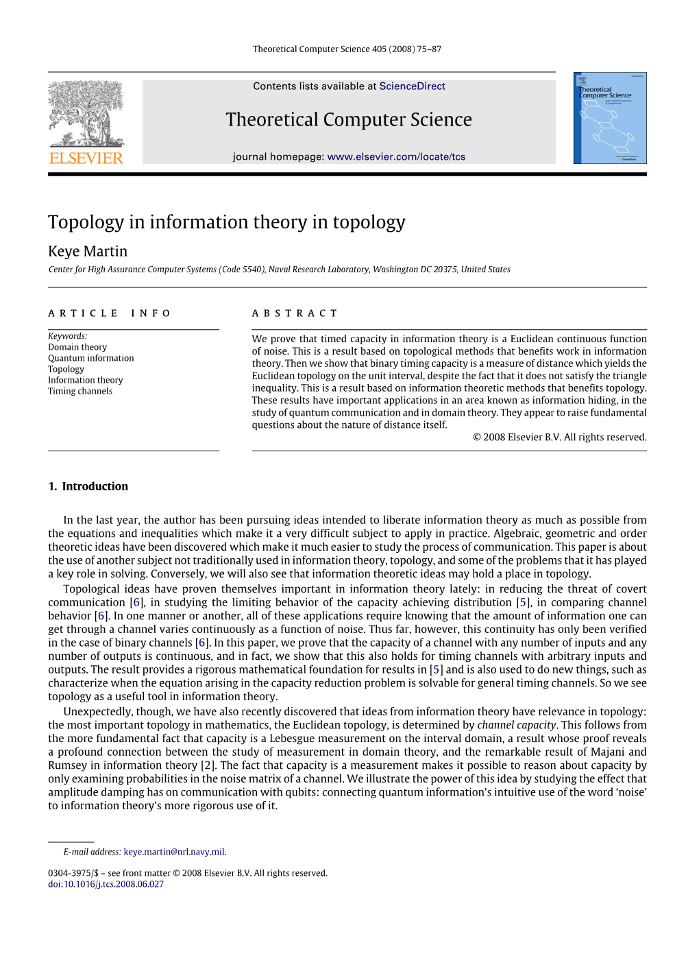 Theoretical Computer Science Topology in Information Theory In