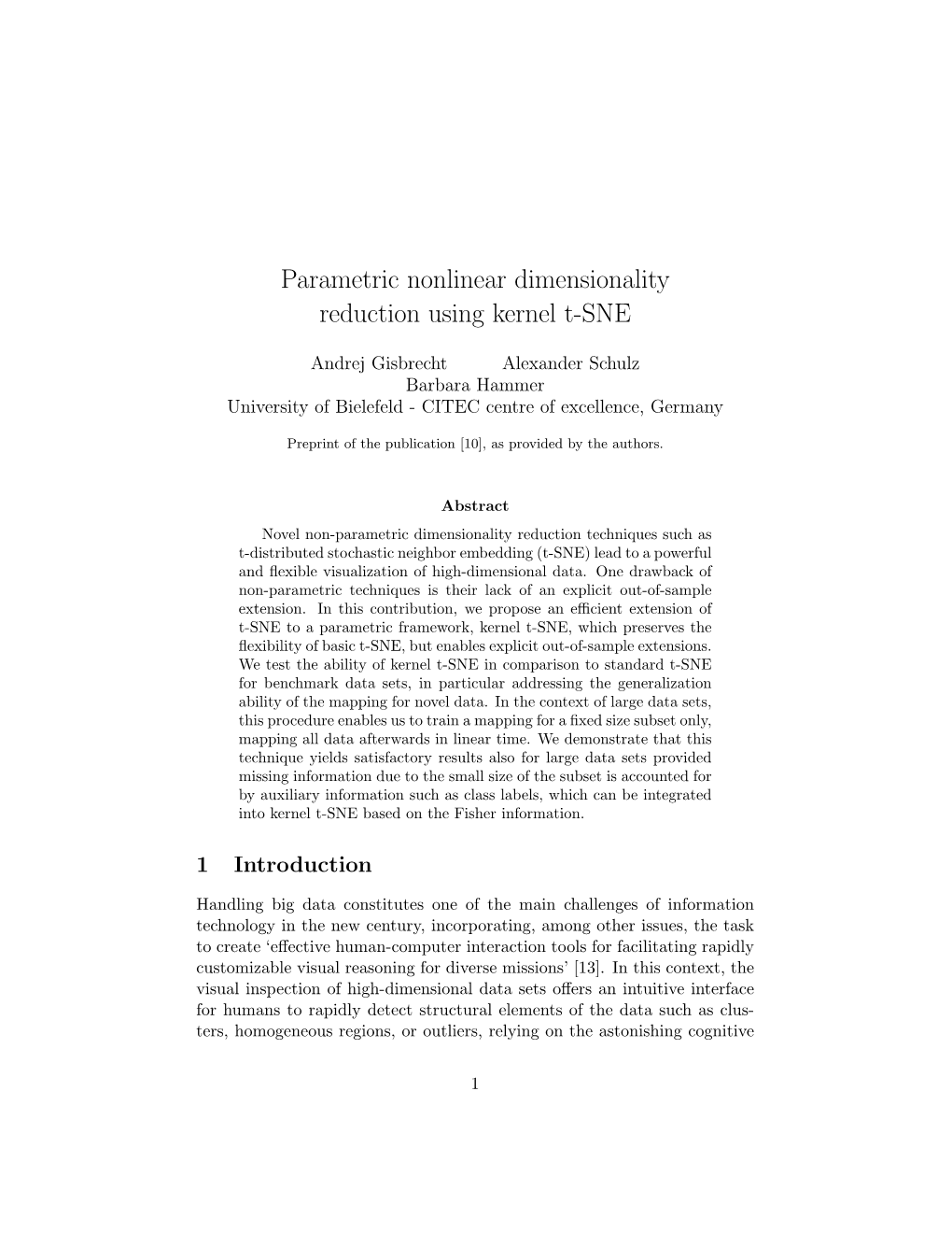 Parametric Nonlinear Dimensionality Reduction Using Kernel T-SNE