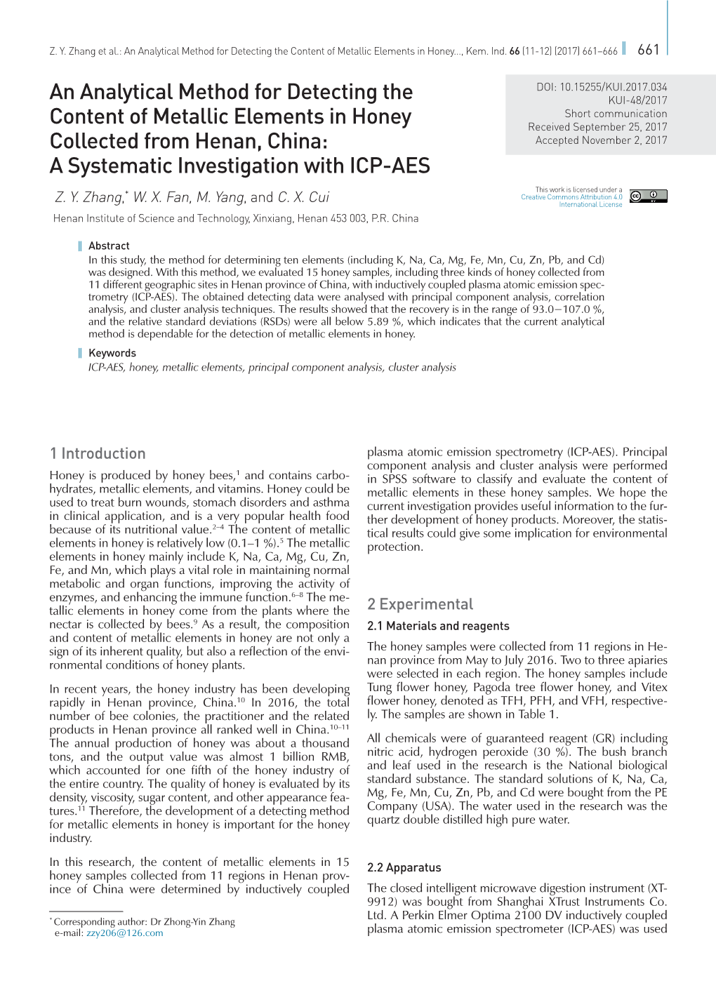 An Analytical Method for Detecting the Content of Metallic Elements in Honey..., Kem