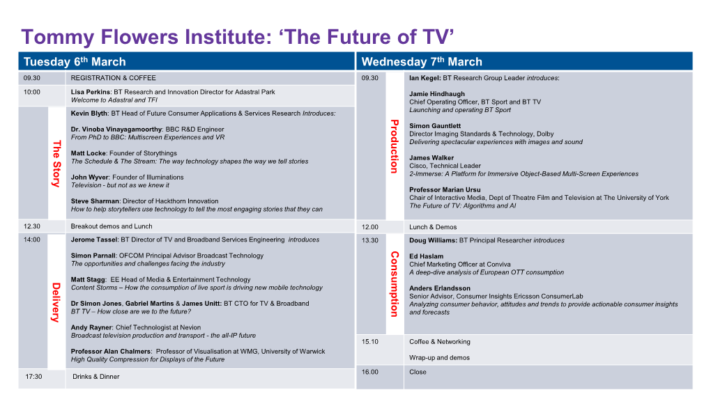 Tommy Flowers Institute: ‘The Future of TV’ Tuesday 6Th March Wednesday 7Th March