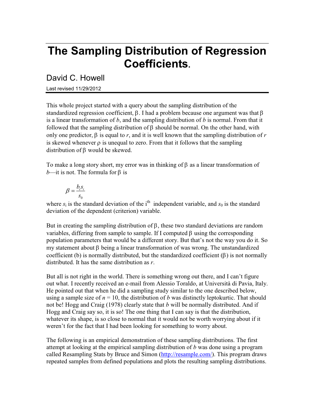 Sampling Distribution of the Regression Coefficient