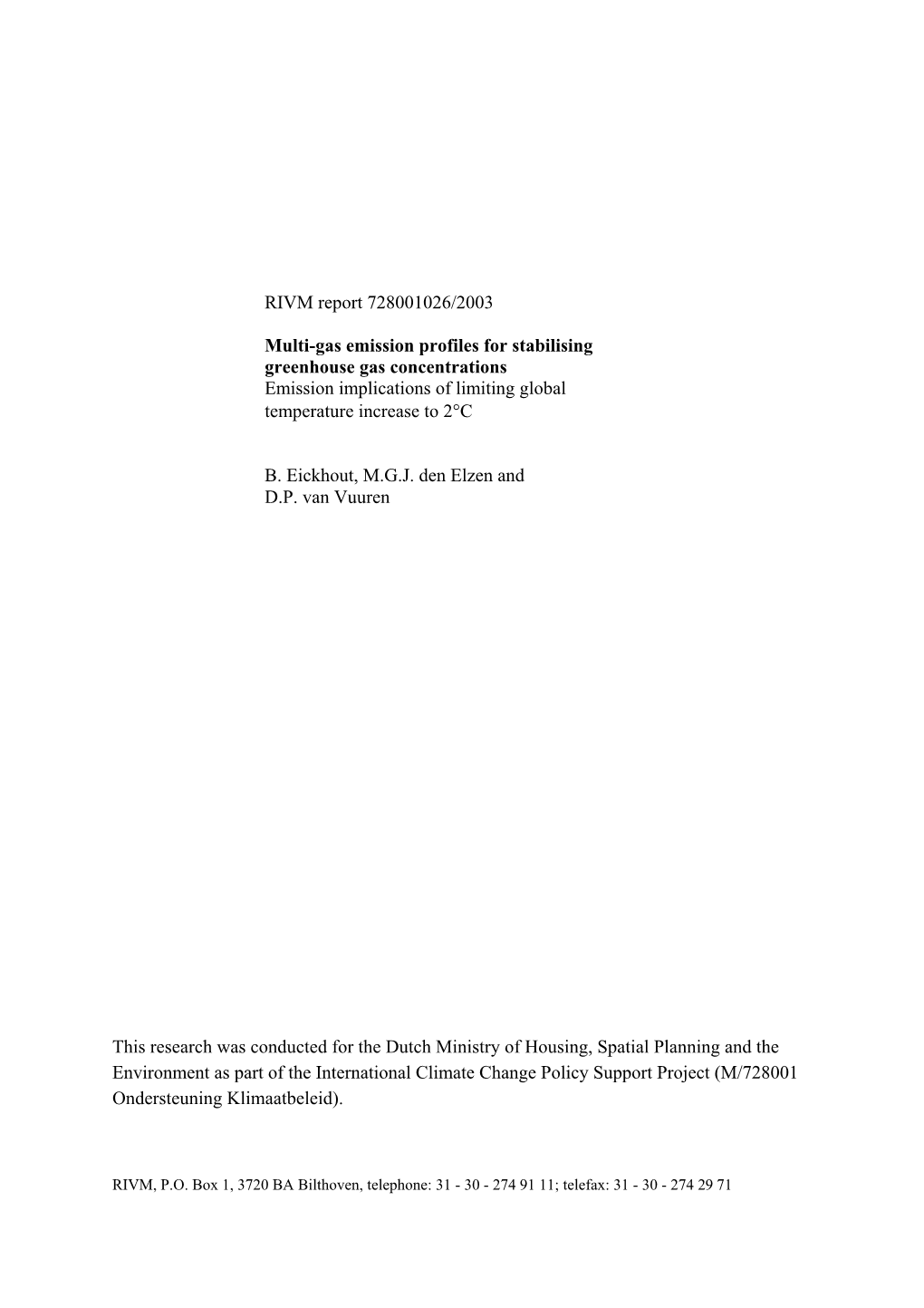 RIVM Rapport 728001026 Multi-Gas Emission Profiles for Stabilising Greenhouse Gas Concentrations