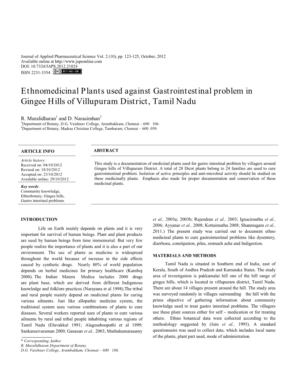 Ethnomedicinal Plants Used Against Gastrointestinal Problem in Gingee Hills of Villupuram District, Tamil Nadu