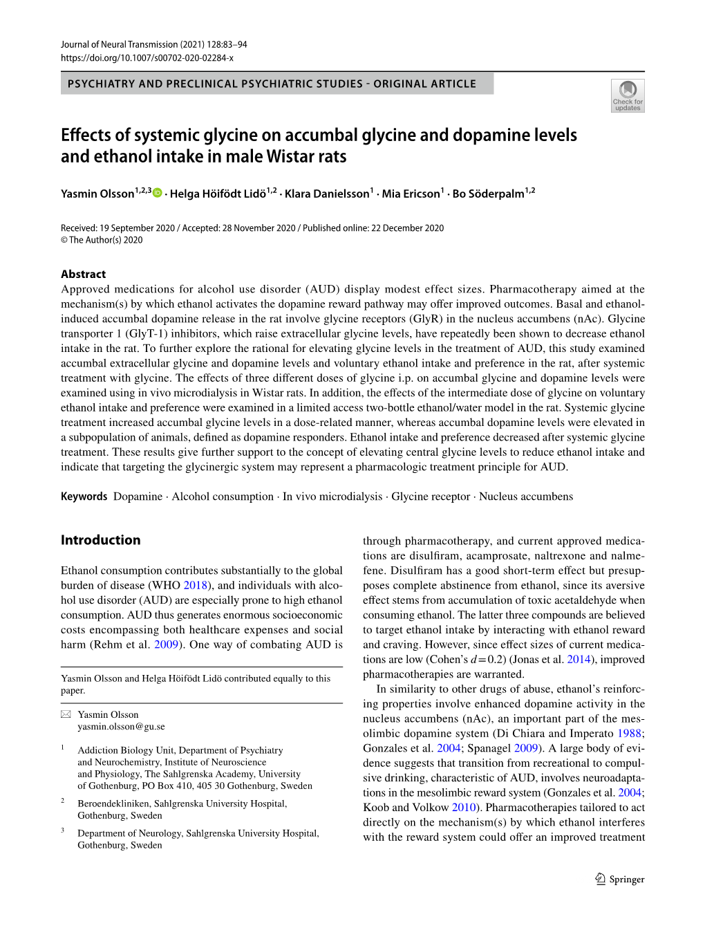 Effects of Systemic Glycine on Accumbal Glycine and Dopamine