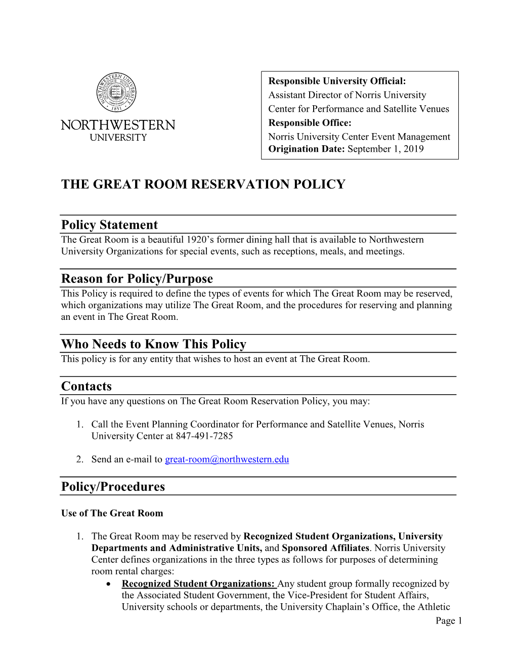 The Great Room Reservation Policy