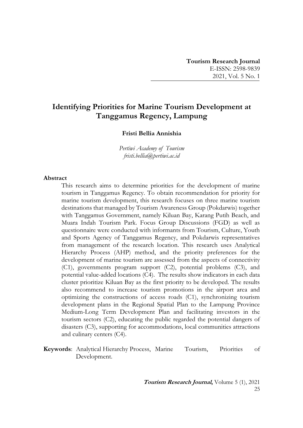 Identifying Priorities for Marine Tourism Development at Tanggamus Regency, Lampung