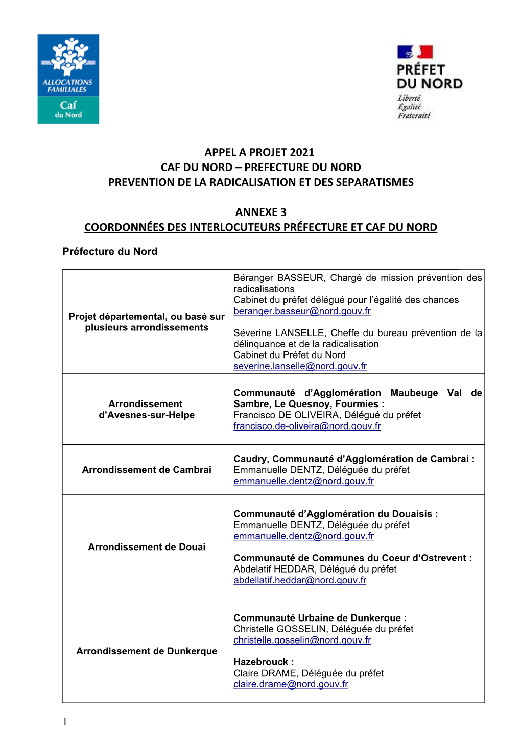 Annexe 3 Coordonnées Des Interlocuteurs Préfecture Et Caf Du Nord