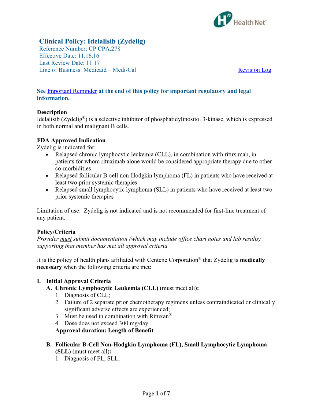 Clinical Policy: Idelalisib (Zydelig)