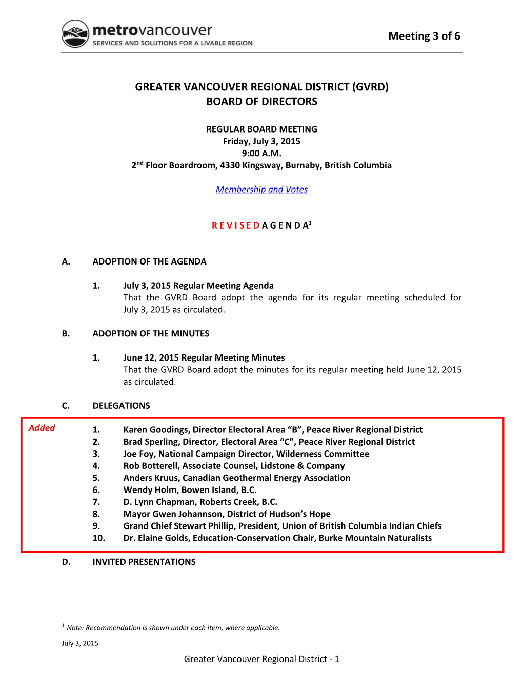 GVRD Board Revised Agenda Package