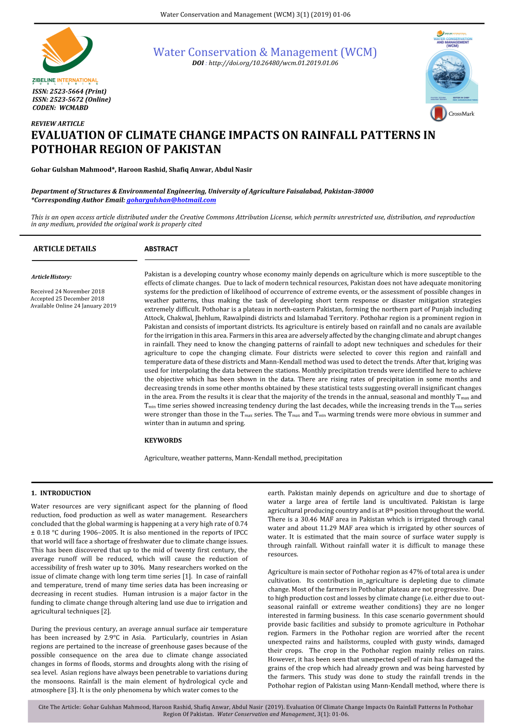 Evaluation of Climate Change Impacts on Rainfall Patterns in Pothohar Region of Pakistan