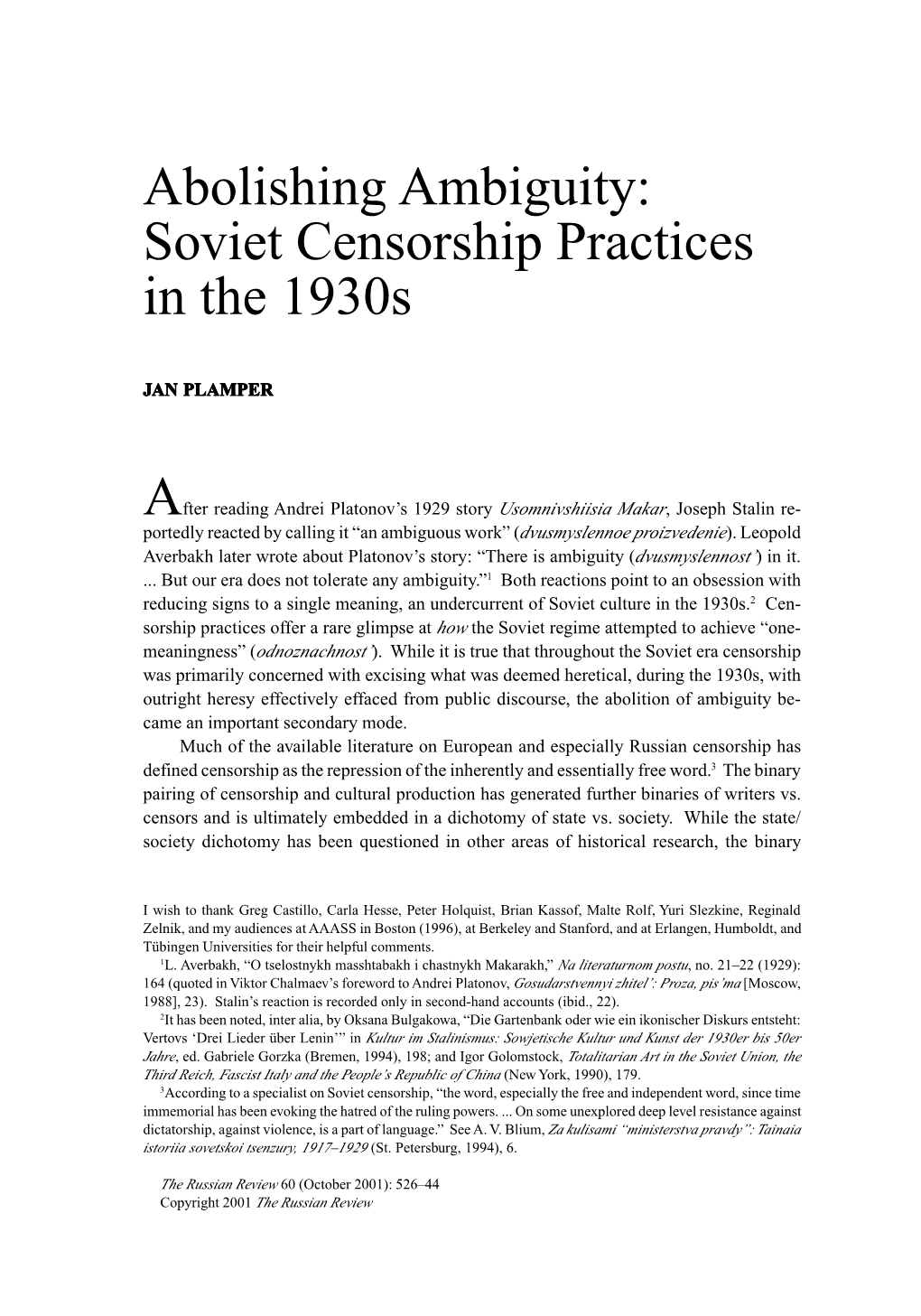 Abolishing Ambiguity: Soviet Censorship Practices in the 1930S