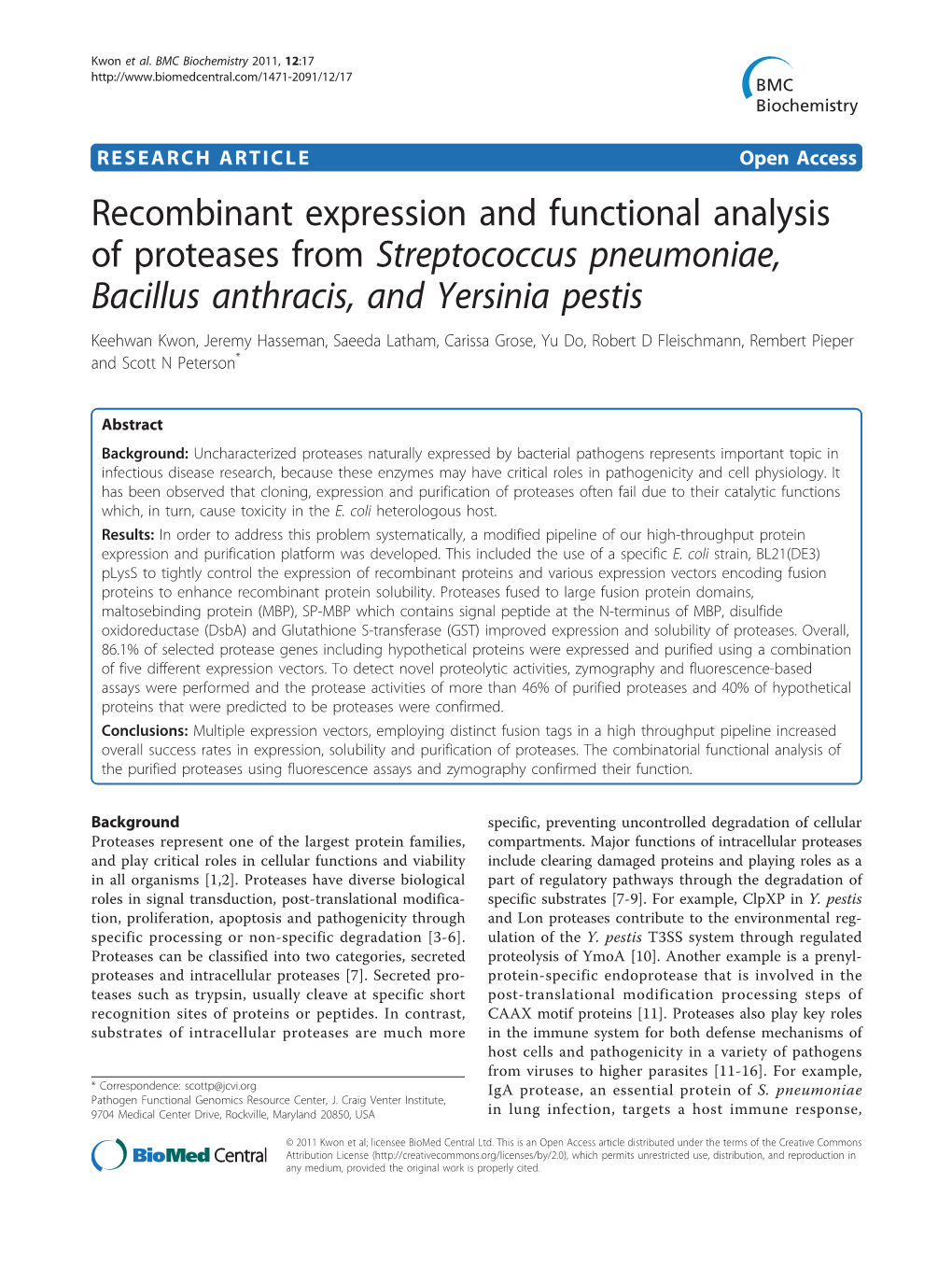 Recombinant Expression and Functional Analysis of Proteases from Streptococcus Pneumoniae, Bacillus Anthracis, and Yersinia Pestis