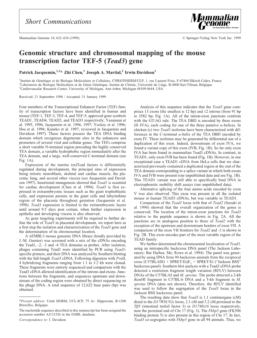 Genomic Structure and Chromosomal Mapping of the Mouse Transcription Factor TEF-5 (Tead3) Gene