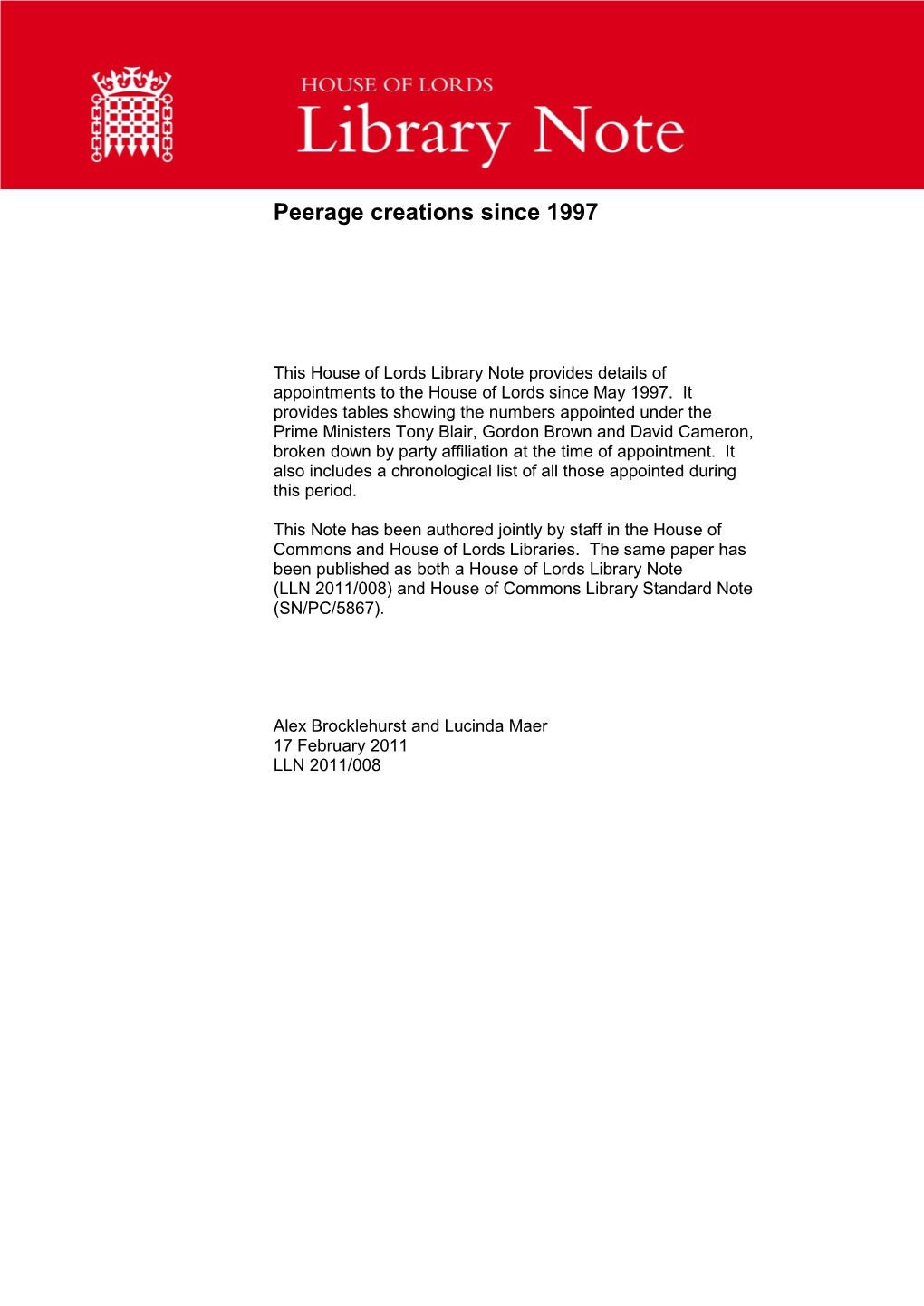 Peerage Creations Since 1997