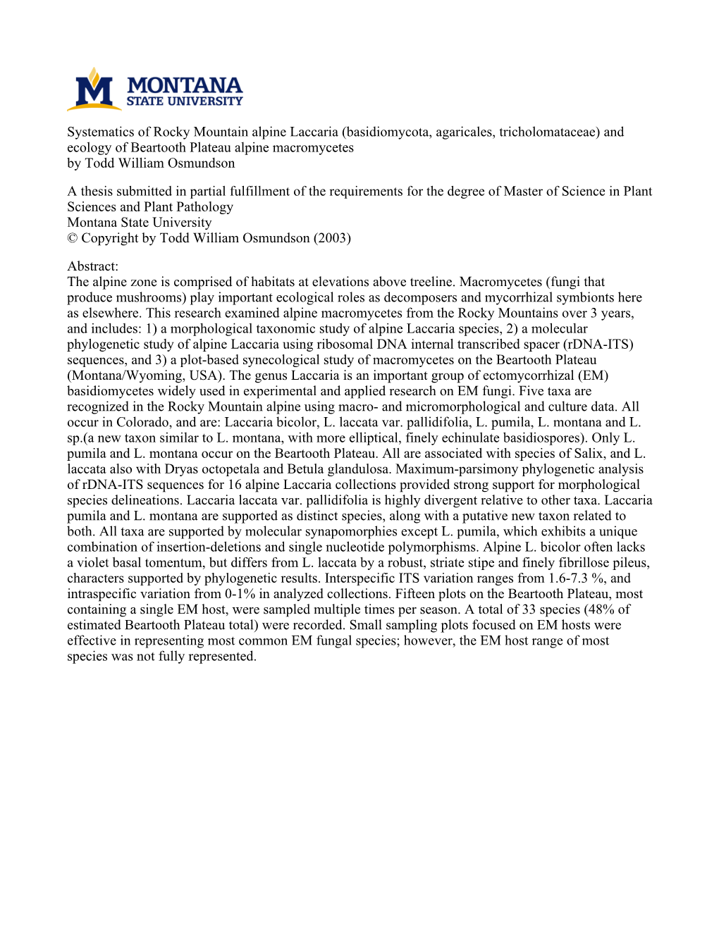 Systematics of Rocky Mountain Alpine Laccaria