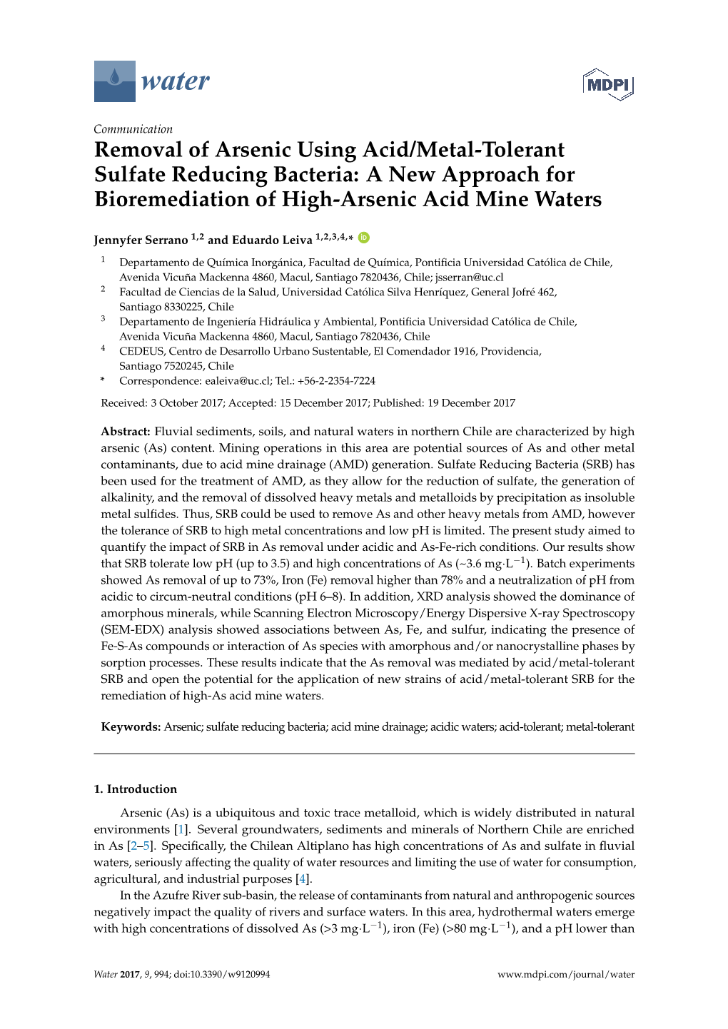 Removal of Arsenic Using Acid/Metal-Tolerant Sulfate Reducing Bacteria: a New Approach for Bioremediation of High-Arsenic Acid Mine Waters