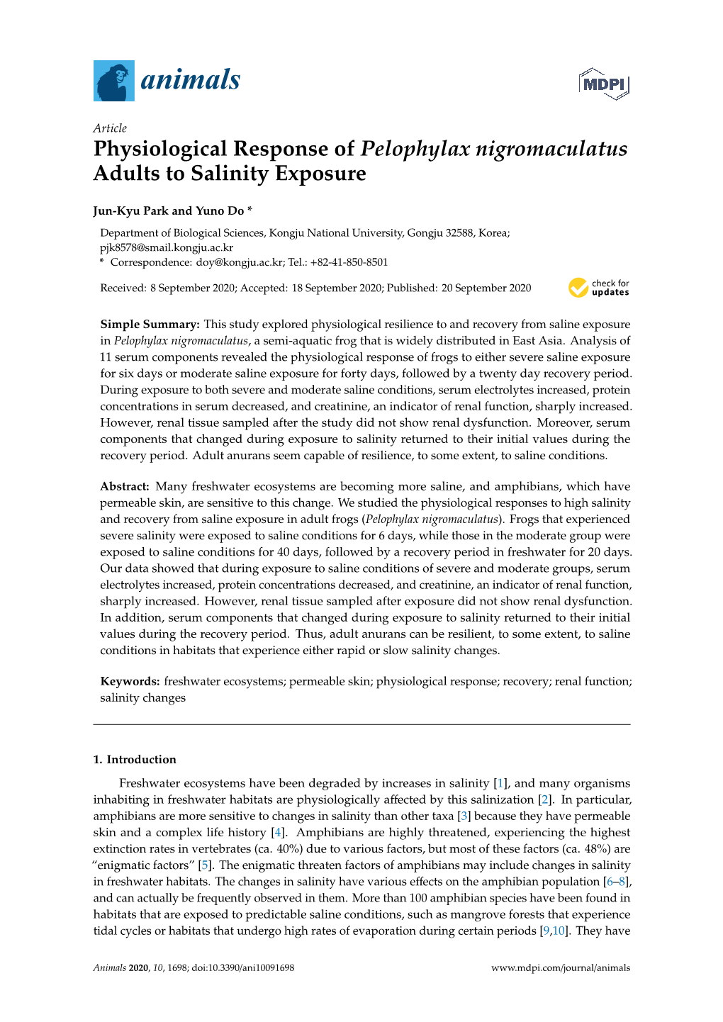 Physiological Response of Pelophylax Nigromaculatus Adults to Salinity Exposure