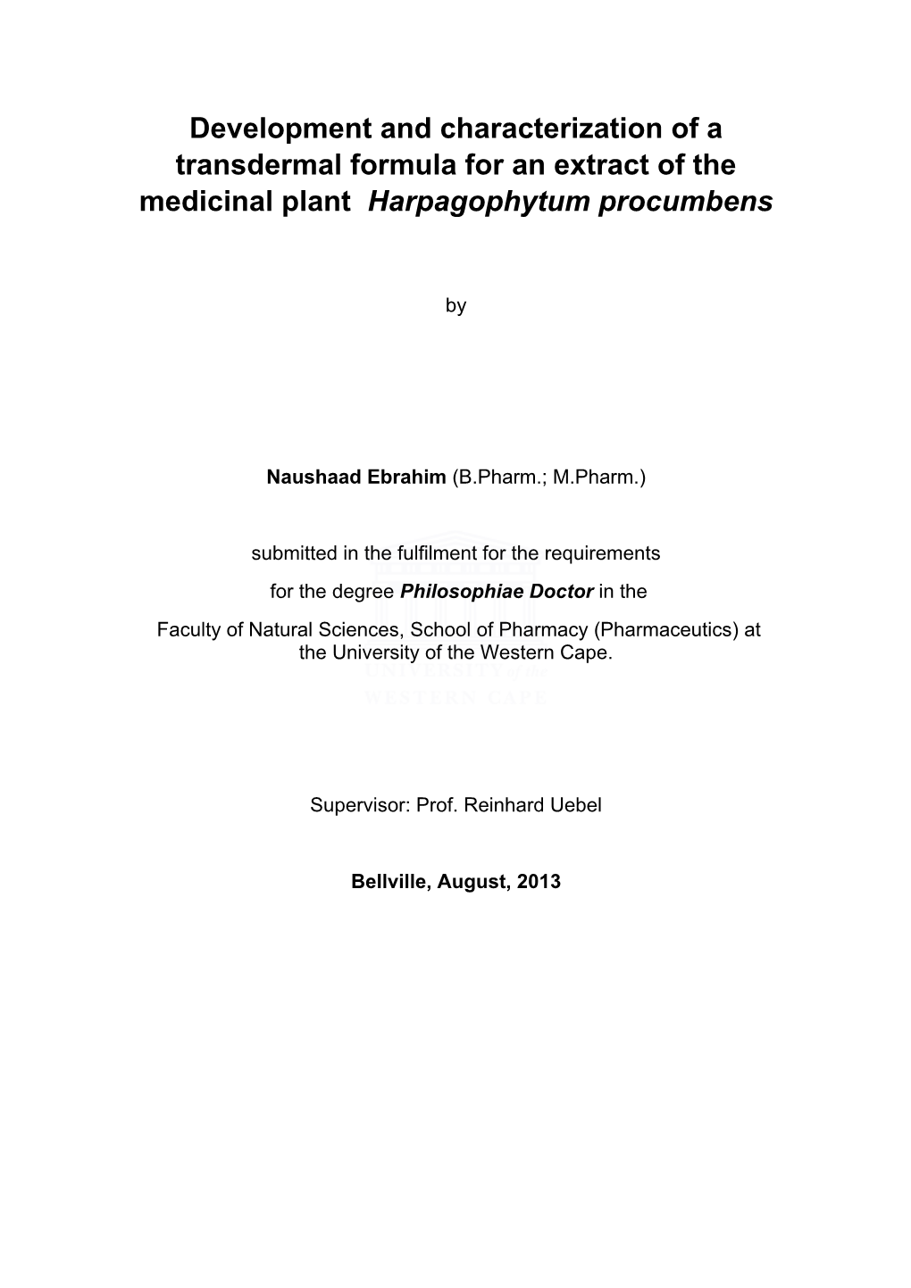 Development and Characterization of a Transdermal Formula for an Extract of the Medicinal Plant Harpagophytum Procumbens