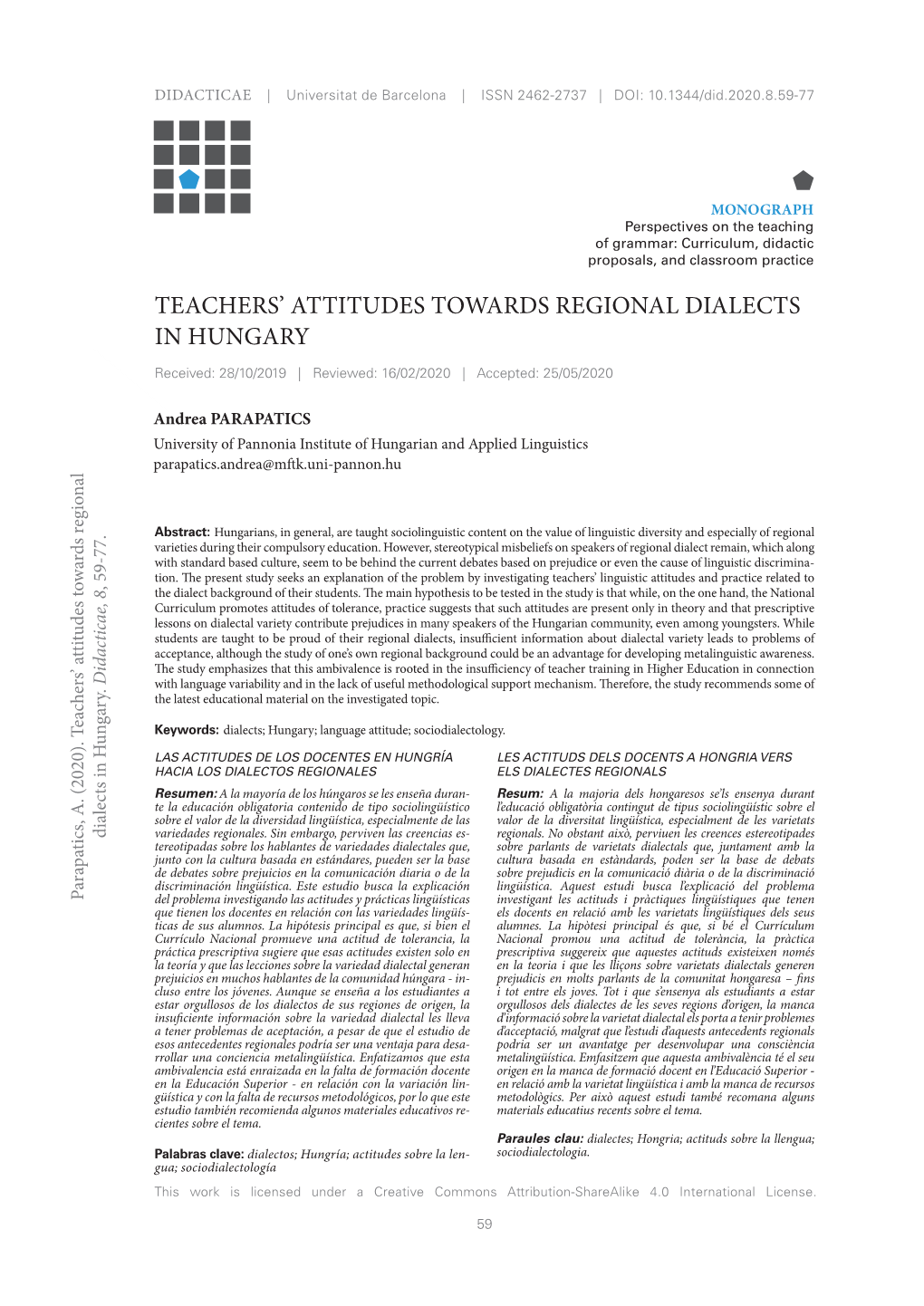 Teachers' Attitudes Towards Regional Dialects in Hungary